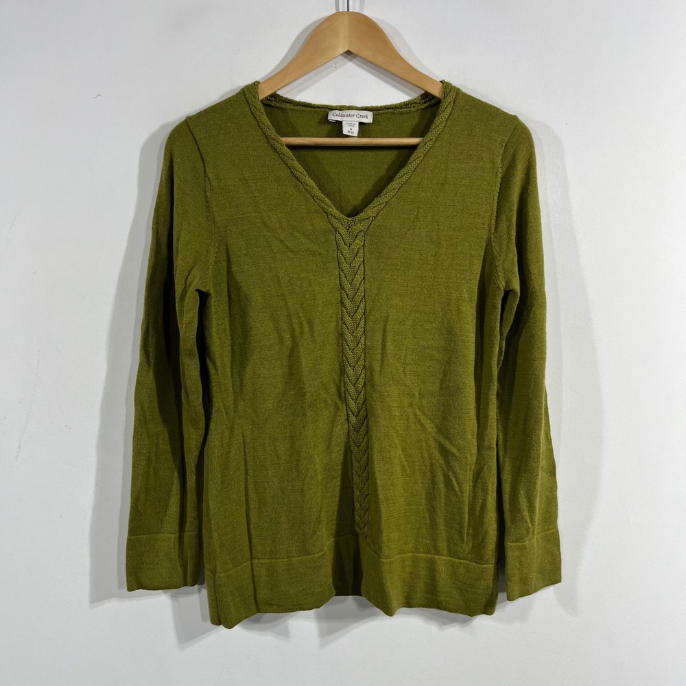 Coldwater Creek Granola Folk Merino Wool Cable Knit Sweater Olive Green Medium